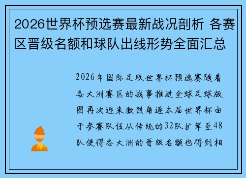 2026世界杯预选赛最新战况剖析 各赛区晋级名额和球队出线形势全面汇总
