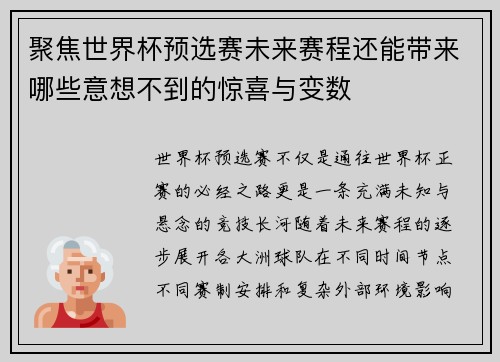 聚焦世界杯预选赛未来赛程还能带来哪些意想不到的惊喜与变数