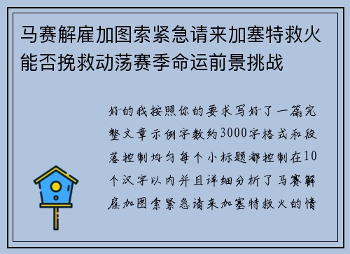 马赛解雇加图索紧急请来加塞特救火能否挽救动荡赛季命运前景挑战